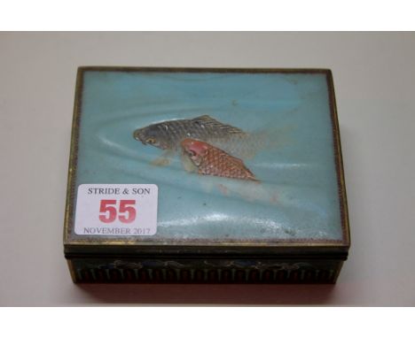 A Japanese cloisonne enamel rectangular casket, Meiji period, the hinged top decorated with two carp, the interior with a sto