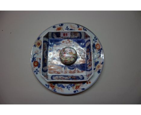 A Chinese Imari dish, 18th century, of chamfered square form, 15.5cm wide; together with a similar plate, 23cm diameter; and 