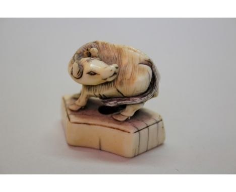 A Japanese carved ivory seal type netsuke of a cow, 18th century, 4.8cm wide.Provenance: purchased from Martyn R Bagley, 2nd 