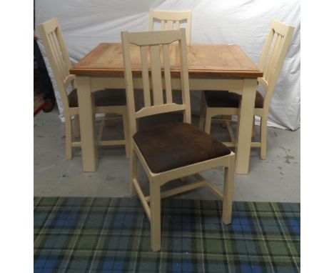 LIGHT OAK EXTENDING KITCHEN TABLEstanding on plain supports, together with four dining chairs with stuffover seats, standing 