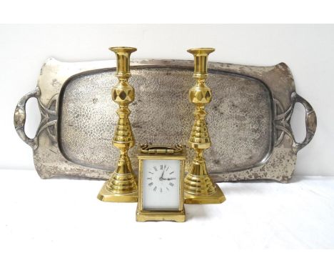 LARGE SILVER PLATED ARTS AND CRAFTS TRAYwith motif decorated handles, 65cm wide, together with a brass cased carriage clock a