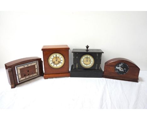 VICTORIAN BLACK SLATE MANTLE CLOCKwith a later quartz movement, an Edwardian mantle clock with a circular brass and enamel di