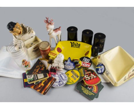 Breweriana,  a collection of associated items including, sef Pavars Straume mechanical figure (AF) ceramic ashtrays, JPS ciga