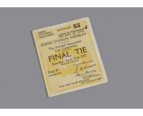 1927 Cup Final,  one 'part retained' ticket for Wembley final west standing enclosure, Saturday April 23rd 1927 Cardiff beat 