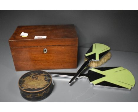 An antique wooden tea caddy,art deco dressing table mirror and brush set,and metal trinket box having oriental design.