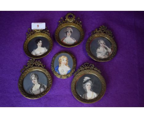 Six antique brass framed finely hand painted portrait miniatures,around 19th century, all beautifully detailed.