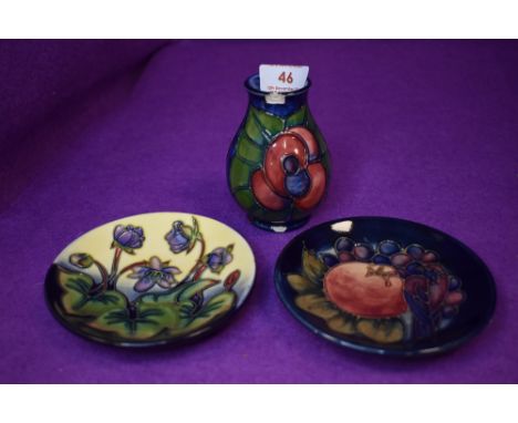 Two ceramic pin dishes by Moorcroft and a similar vase AF