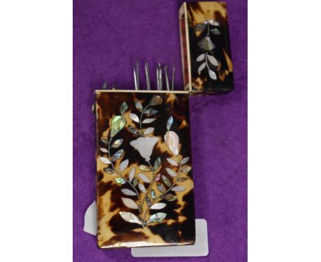 A late Georgian Parfilage or Drizzling set with turtle shell case inlayed with mother of pearl decoration
