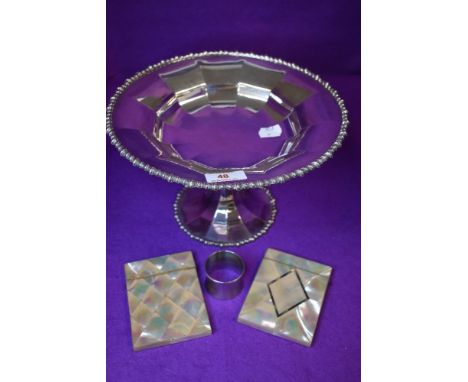 Two antique mother of pearl card cases and a footed fruit bowl