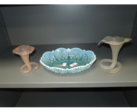 A selection of art glass including two frosted glass lily vase and similar vaseline bowl