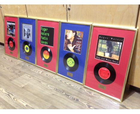 Five Pink Floyd associated framed vinyl singles comprising Roger Waters Radio Waves, What God Wants Part I and The Tide is Tu