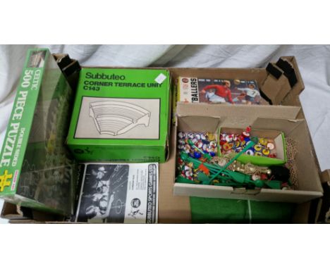 A box of footbal related vintage toys to include an Airfix Footballers kit, Subbuteo figures & accessories and a Celtic f.c. 