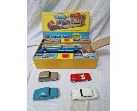 Corgi Toys Gift Set No.1 "Carrimore" Car Transporter with 4 cars, Hillman Husky 206, M.G.A. sports car 302, Austin Cambridge 