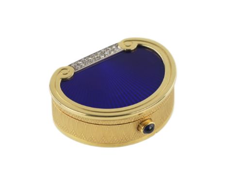 English gold pill box 750, with blue guilloche enamel and diamonds. 1x3x2.5 cm. Weight: 28.3 g. Width: 3cm, Height: 1cm, Dept
