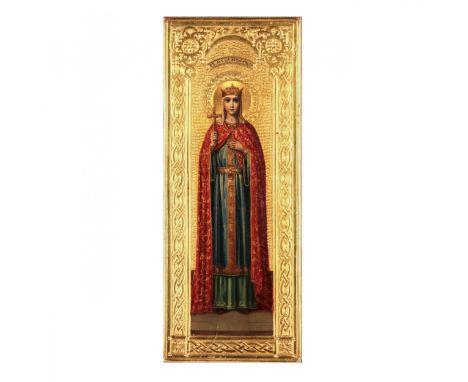 The chamber icon, a pocket altar of St. Alexandra, on a parquet board, bears a full-length, blessing image of the saint on a 