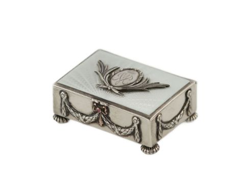 Wilhelm Wikstrom. Silver stamp box from Faberge with white guilloche enamel and the monogram of Maria Feodorovna in a cartouc