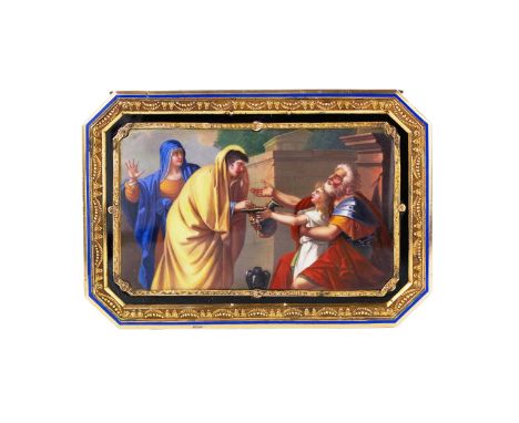 Attributed to Jean Georges Remond and Company, circa 1810. Gold octagonal snuffbox with decorative belts, guilloche and paint