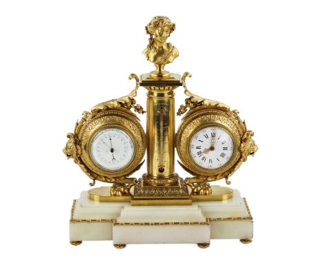  Tabletop instrument in white marble and gilded bronze: with clock, thermometer and barometer. Symmetrically formed by a colu