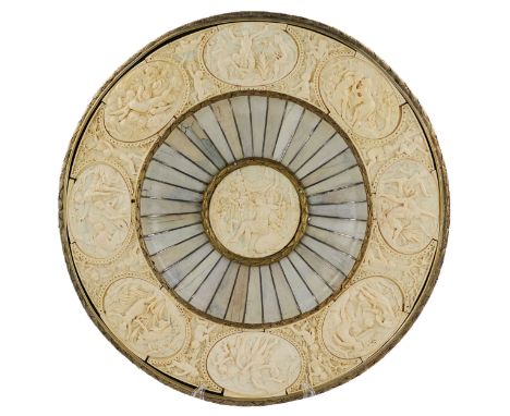 A magnificent Bacchus dish in the neo-Renaissance style, inlaid with ivory on wood in the manner of Johann Michael Maucher (1
