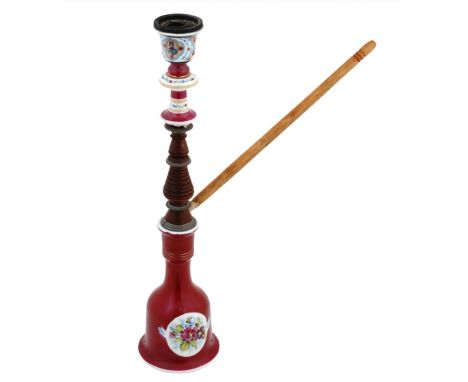 A unique Russian porcelain hookah made at the Kuznetsov factory in Dulevo. Hand-painted porcelain hookah with a wooden pipe, 