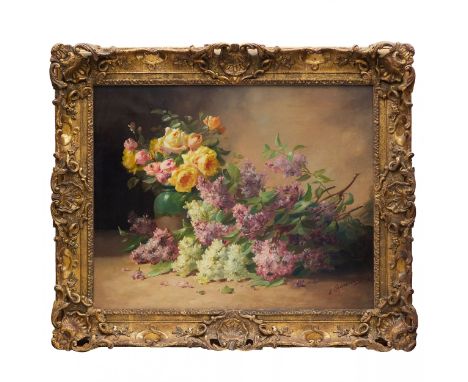  Edmond VAN COPPENOLLE (1843-1915). Still life with lilacs and roses. A dynamic, diagonal composition of branches of freshly 
