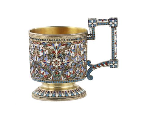 Festive silver glass holder in cloisonne enamels by Nikolai Vasilievich Alekseev. Moscow. The turn of the 19th and 20th centu