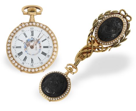Museale Anhängeuhr/Taschenuhr mit Chatelaine, Achatkameen und kostbarem Perlenbesatz, verm. Louis Rey, Marseille, um 1880: Ca