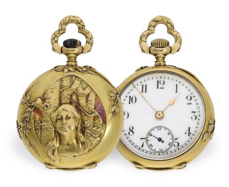 Taschenuhr/Anhängeuhr: Rarität, extrem seltene Jugendstil Gold/Emaille-Damenuhr mit Hochrelief, zugeschrieben Frédéric Charle