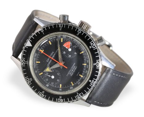 Armbanduhr: Ca. Ø39mm, Edelstahl, originaler Boden mit Referenznummer 9870, Handaufzug, seltene Zifferblattvariante "Chronogr