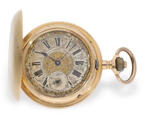 Taschenuhr: Ca. Ø54,5mm, ca. 132g, 18K Gold, guillochiert, auch innen prächtig guillochiert, Werksverglasung, hochfeines Chro