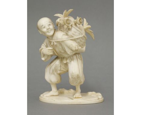 An ivory Gardener, late 19th century, the man in engraved clothes, staggering under the weight of a basket laden with flowers