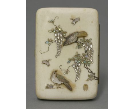 A Shibayama ivory Cigarette Case, c.1900, decorated with a crane and a butterfly beneath wisteria, the reverse with two birds