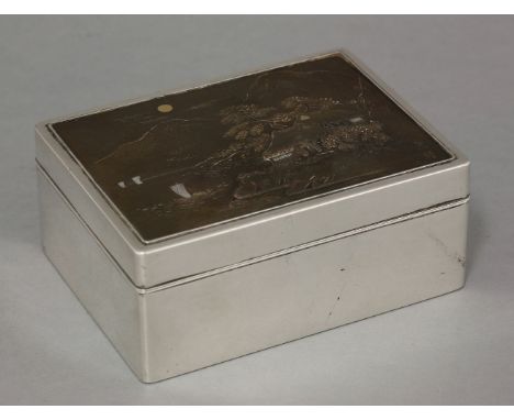 A silver-mounted Cigarette Box, c.1900, the lid with bronze plaque applied and engraved with gold and silver with thatched hu