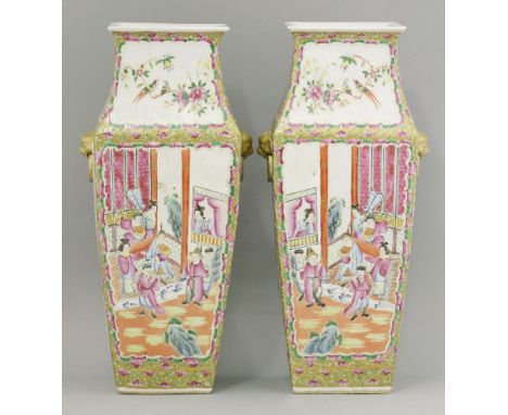 A pair of Canton Vases, first half of the 20th century, each of square section, brightly enamelled with panels of figures and