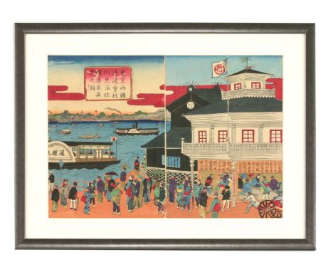 A Diptych with an attractive print of a Tokyo river scene, with paddle steamers and other boats, the shore with buildings, on