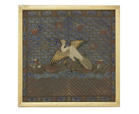 A finely-worked silk Rank badge, mid 19th century, the silver pheasant (fifth civil rank), in high relief on a ground of blue