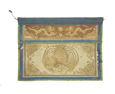 A gold thread needlework Altar Front, early 18th century, probably Kangxi, the fall with a crane circle, lingzhi fungus and l
