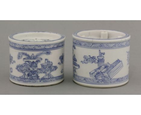 A rare pair of a blue and white Sander and an Ink Pot, Kangxi, c.1700, each of cylindrical form, pencilled with precious obje