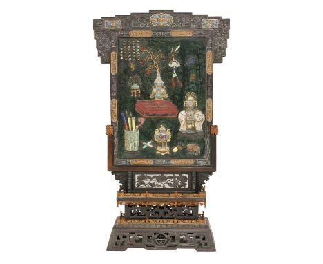 A fine and decorative mixed media zitan-framed Floor Screen, 20th century, the spinach-green-stained hardstone body set with 