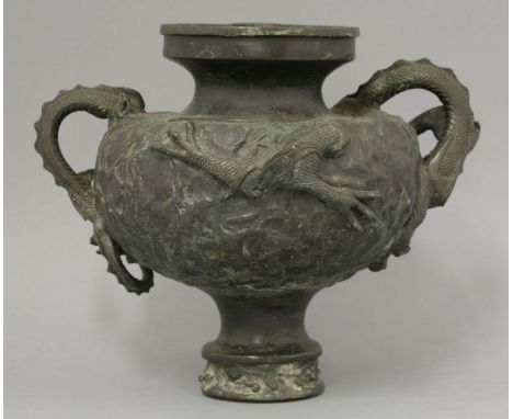 A bronze urn, c.1870, the globular body cast with a gate in a castle, another forming in the sky, the reverse with a dragon a