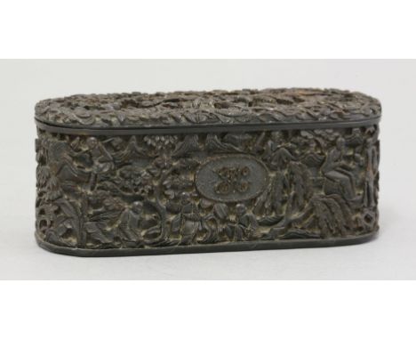 A tortoiseshell Snuff Box, c.1800, finely carved with figures, boats, buildings and foliage, monogrammed JIH, a few chips, 9.