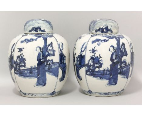 A pair of large blue and white Jars and Covers, second half of the 19th century, painted in Kangxi style with ladies in panel