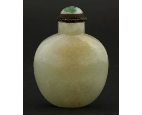 A jade Snuff Bottle, c.1900, of shouldered moon flask form, the grey-green body suffused with pale beige, 5.6cm  清约1900年 青灰玉光