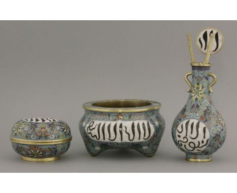 A rare cloisonné Altar Set, c.1800, comprising incense burner, box and cover, and vase with gilt tools, each piece with a pan