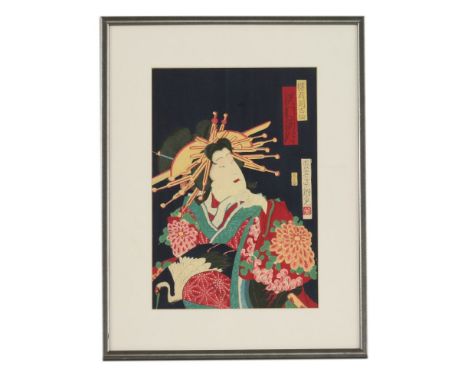 Five Prints, various artists, an actor, portrait, another on a fan looking on, a brightly-dressed 'actress', a warrior and a 