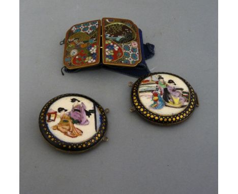 A two-part cloisonné belt hook, c.1880, decorated with three pebbles and other diaper, 6.2cm, and another belt hook, of circu