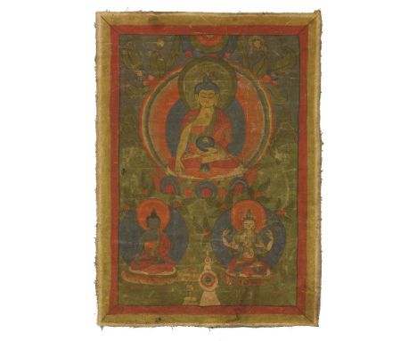 A Thanka of a seated Buddha holding a begging bowl, early 19th century, with two figures below, a Buddha holding a vertical v