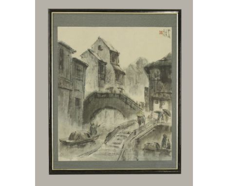 A Chinese School Painting, of hometown village with buildings and river, signed and dated year of dingmao (1987), a red seal,