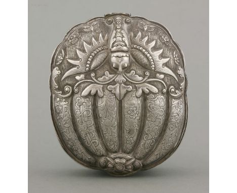 A silver Betel Nut Box and Cover, mid 19th century, in the form of a butterfly alighting on a gourd, the sides engraved with 