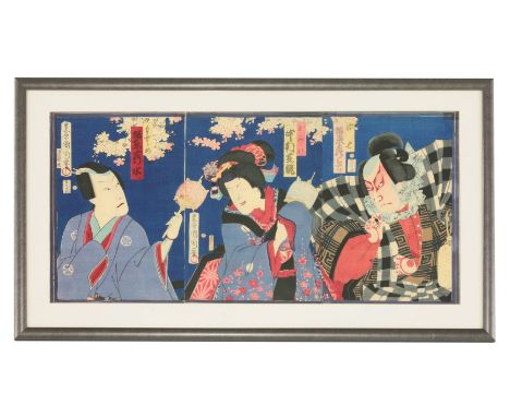 Toshimoto Kunichika, a triptych of actors, each a portrait in the centre of 'a woman', good colour 